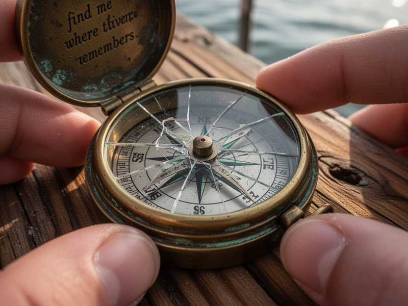 close-up of an antique brass compass with cracked glass face, resting on cedar wood lining, showing the engraved inscription and aged patina