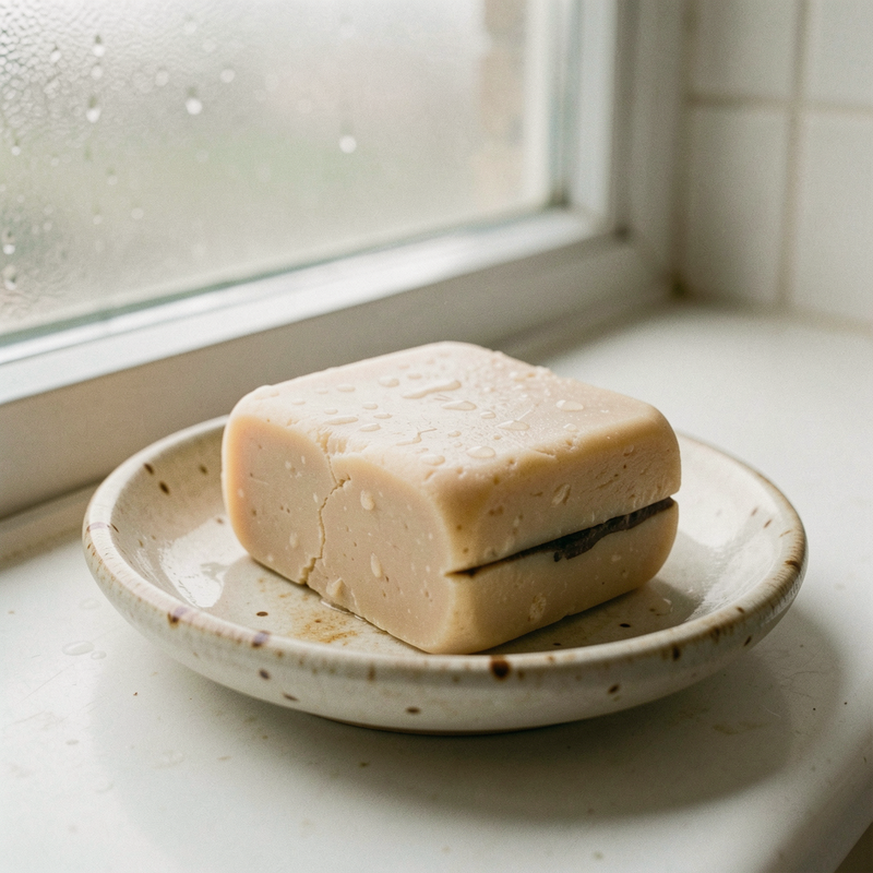A pale, worn bar of soap resting in a white ceramic soap dish on a bathroom counter, its edges rounded smooth and its surface cratered from months of use; a thin, darker sliver of an older soap is fused flat against its underside, and faint soap scum rings the dish.