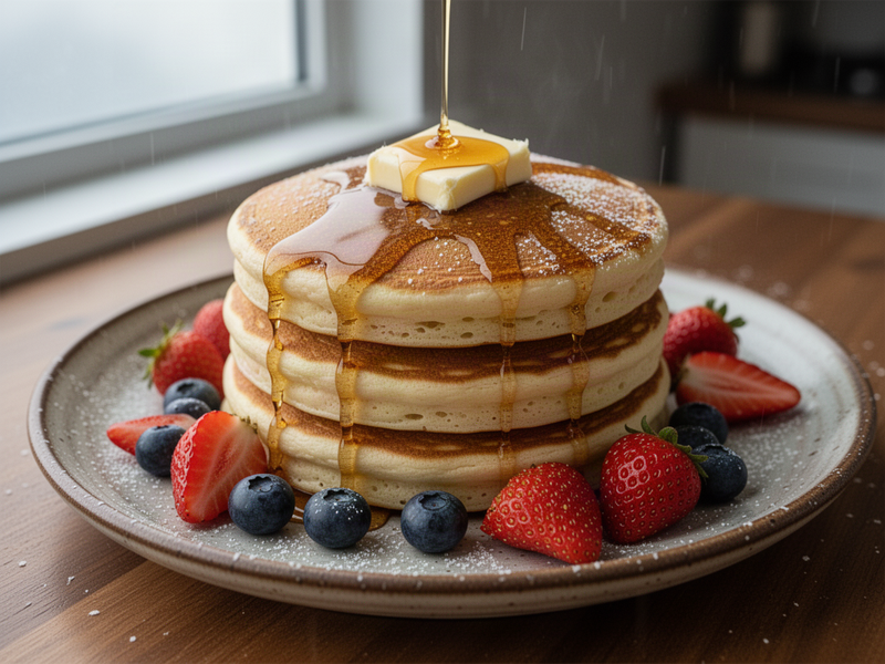 A stack of three golden pancakes drizzled with maple syrup, topped with melting butter and fresh berries, on a rustic ceramic plate in warm morning light.