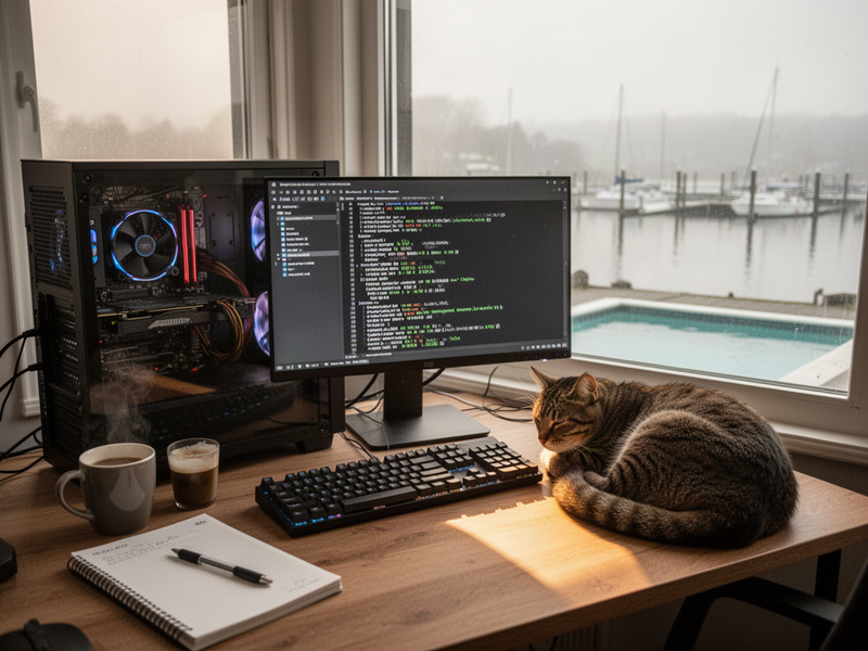A morning-lit home office desk with a PC whose GPU fan is still spinning, an open terminal showing benchmark output, a cold coffee mug, and a cat sleeping in a patch of sunlight.