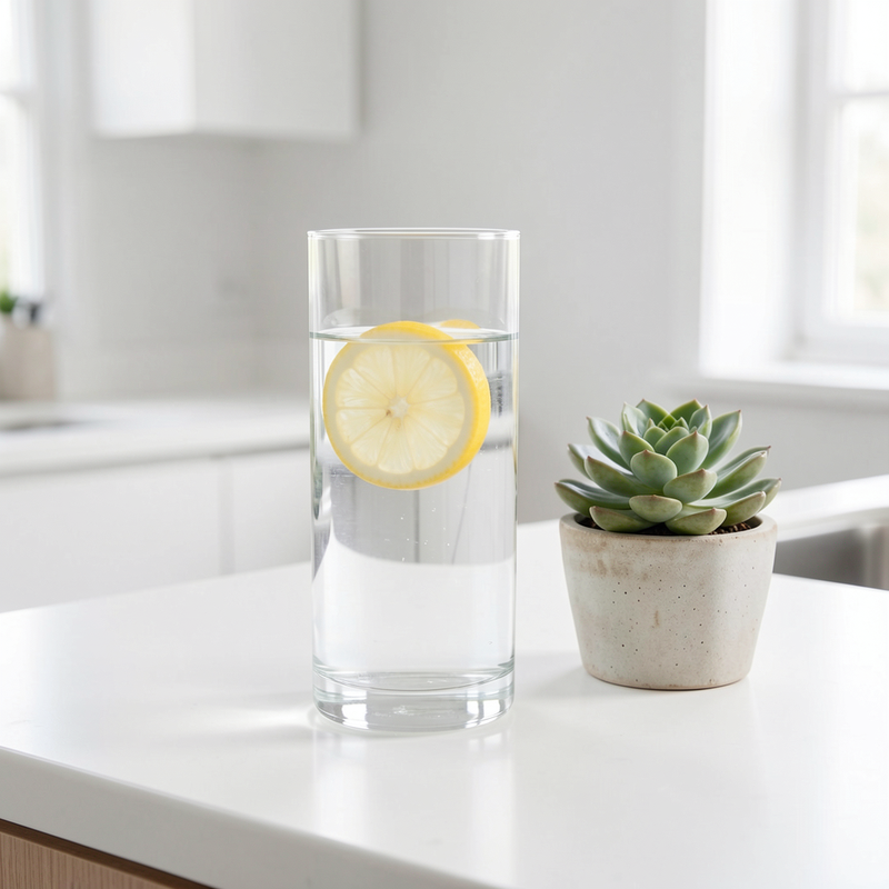 A bright, airy morning kitchen scene with a fresh glass of lemon water and a small green plant.