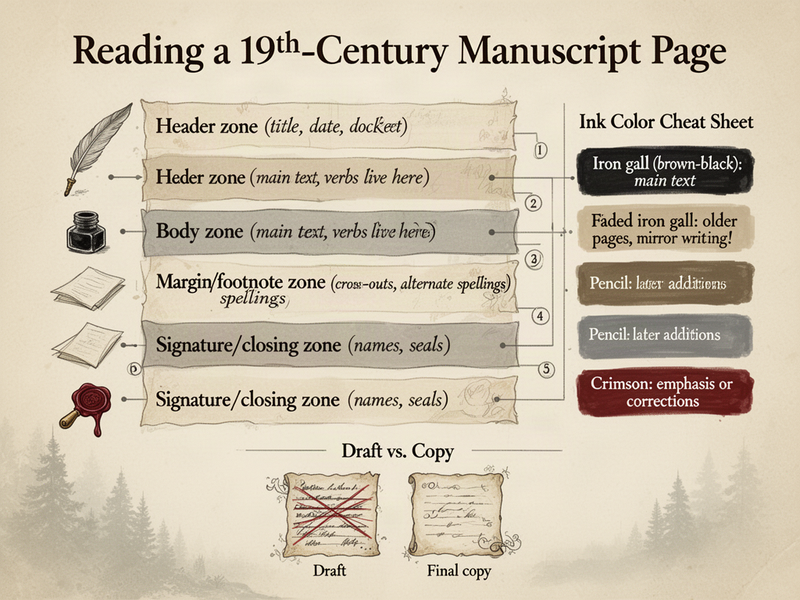 Infographic diagram titled "Reading a 19th-Century Manuscript Page" showing four labeled zones of a page (header, body, margin, signature), an ink color cheat sheet with four swatches, and a draft-vs-copy comparison.