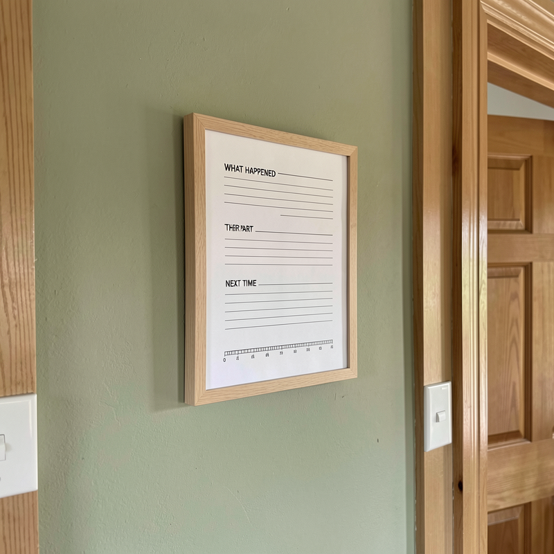 A framed printed worksheet hanging on a warm sage-painted wall beside a wooden doorway, showing four ruled sections headed WHAT HAPPENED, MY PART, THEIR PART, and NEXT TIME, with a rules strip along the bottom edge, in soft natural light.