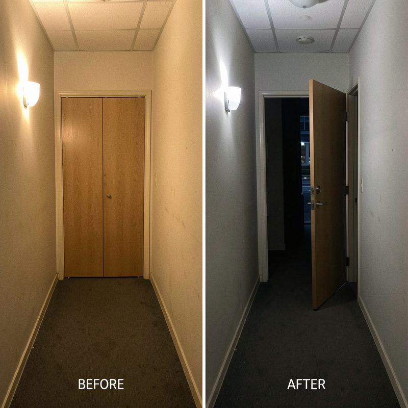 Two identical photos of the same dim hallway at night side by side, labeled BEFORE and AFTER. The closet door at the end is closed in the left photo and standing open in the right photo.