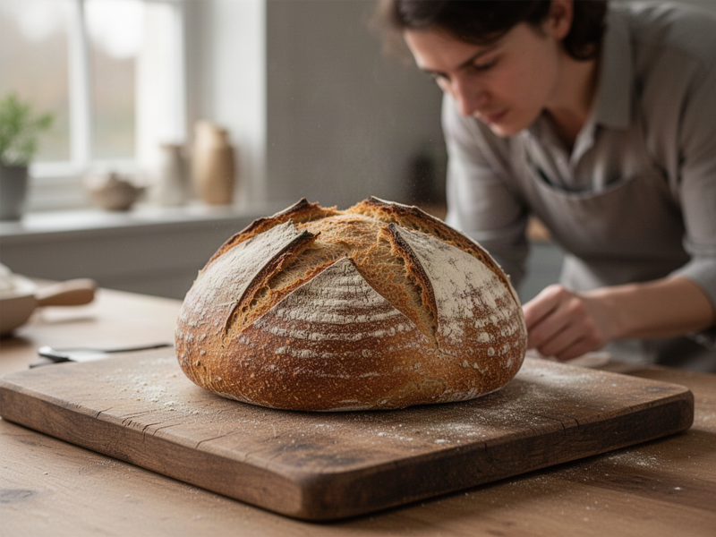 a round homemade sourdough loaf with a scored top resting on a worn wooden cutting board in soft morning window light, light flour dusting, quiet kitchen background
