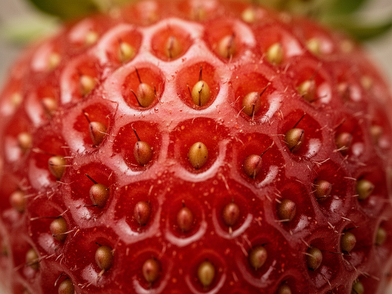 Macro close-up of a strawberry showing seeds and surface texture in vivid detail