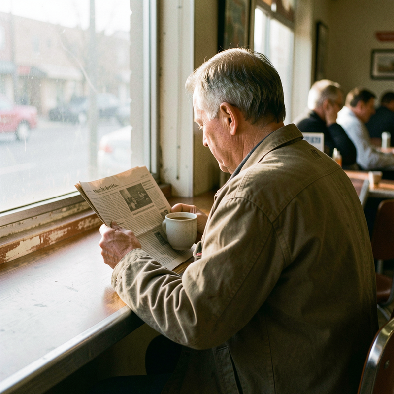 Candid 35mm film photo of a man in a rumpled work jacket reading a newspaper at a diner counter, shot from behind at a slight angle, morning light spilling through a window, coffee cup in hand, slightly grainy and off-center like nobody knew the photo was being taken.