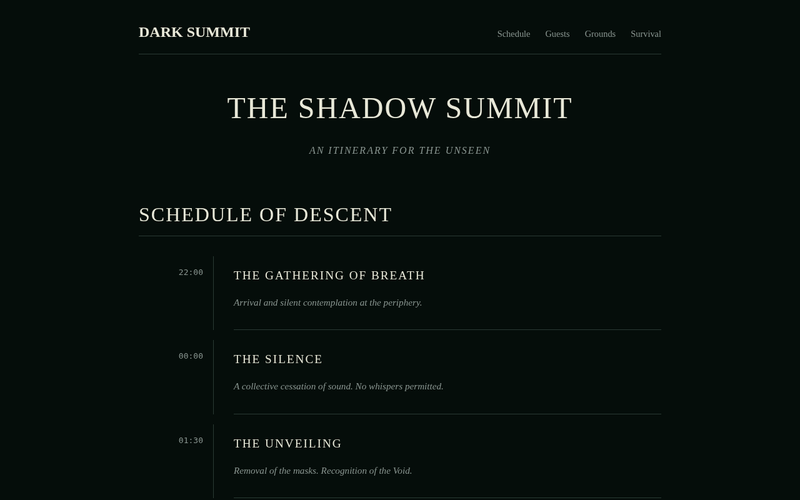 Screenshot of dark-summit.net/itinerary.html