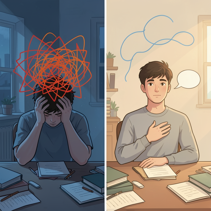 split-screen before/after: left, a person hunched at a desk overwhelmed by a chaotic red scribble-storm of emotion; right, the same person calm with a soft speech bubble, the storm now just a few smooth lines.