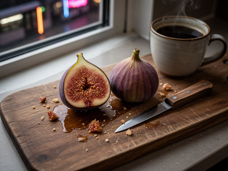 A halved fig on a wooden cutting board in early morning light, showing the rose-colored pulp and seeds inside, with a whole fig, a paring knife, and a cup of coffee nearby.