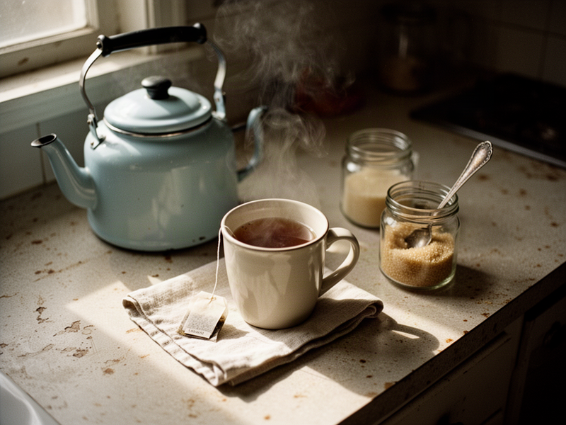 An overhead view of a kitchen counter with a steaming kettle, an empty mug waiting for tea, a jar of sugar, and morning light across the scene.