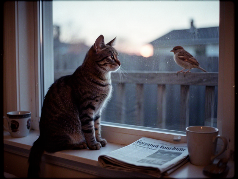 A candid photograph of a tabby cat on a windowsill at dawn, watching a sparrow perched on a fence outside the window. The cat is unposed, gazing calmly through the glass in pale blue morning light.