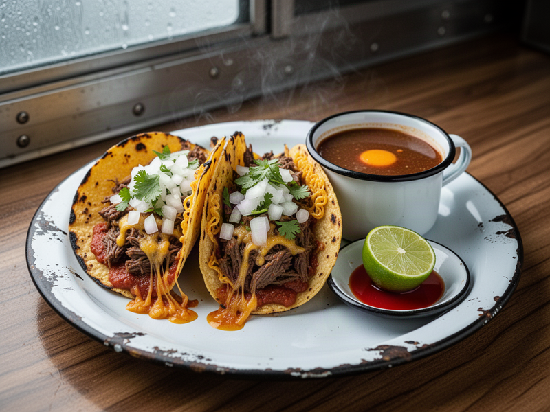 Three crisp-edged birria tacos with melted cheese, diced onion, and cilantro on a white enamel plate, beside a red consommé with an orange fat cap and a squeezed lime half.