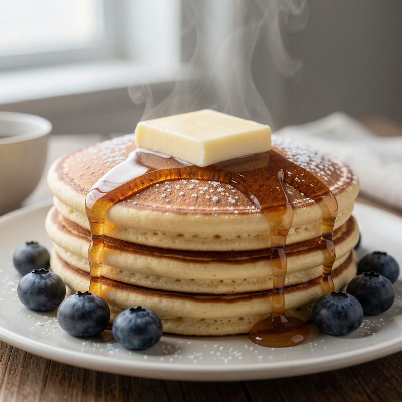 A close-up, high-angle shot of a stack of thick, fluffy pancakes topped with a melting slab of salted butter and dripping maple syrup, with fresh blueberries scattered around.