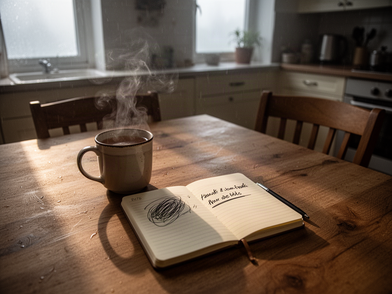 An early-morning kitchen table with a steaming mug, an open notebook with a single underlined phrase, and a pulled-back chair, as if someone just got up mid-thought in soft window light.