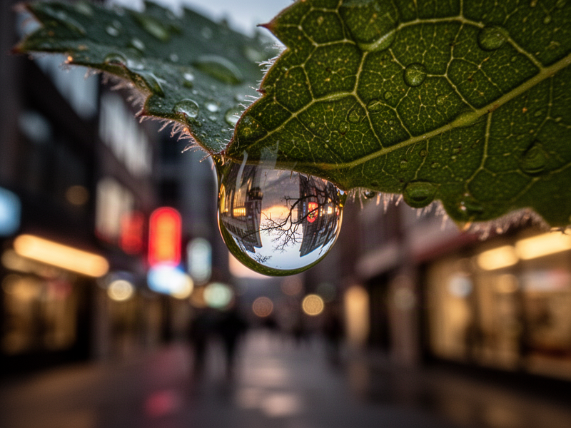Extreme close-up macro photograph of a single water droplet clinging to the serrated edge of a green leaf, refracting an upside-down miniature scene inside the droplet, with the leaf's fine veins and dewy texture in sharp focus against a soft blurred background.