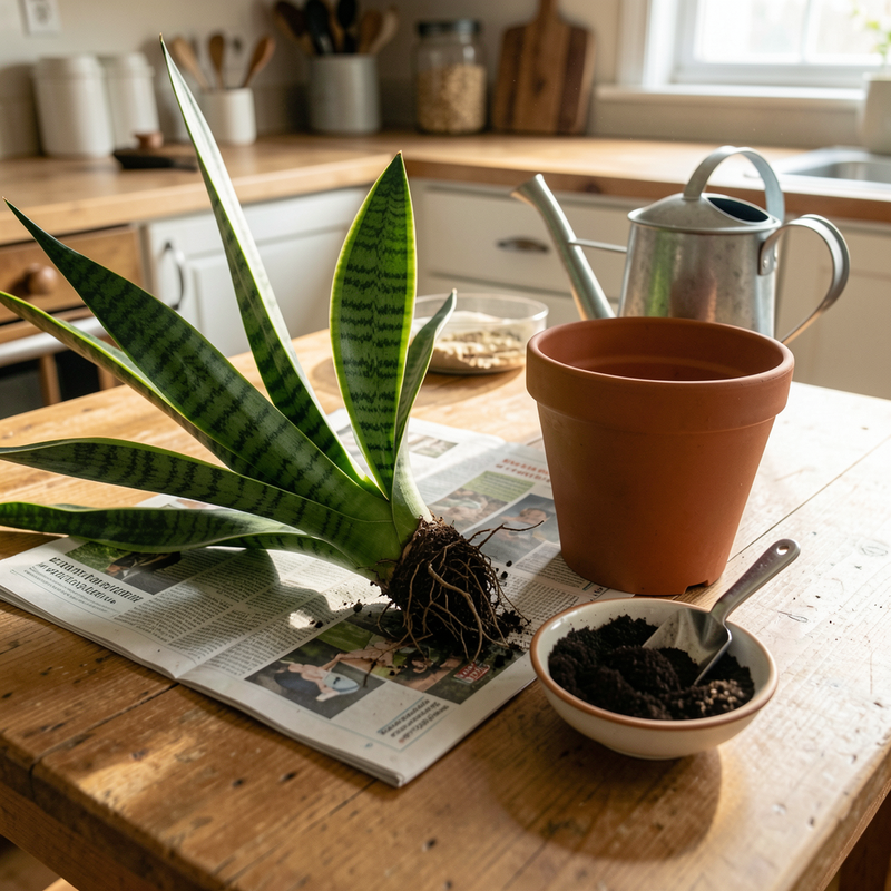 A snake plant with bare roots laid out next to a slightly larger terracotta pot, a small bowl of fresh potting soil, and a folded newspaper spread on a kitchen table to catch the mess.