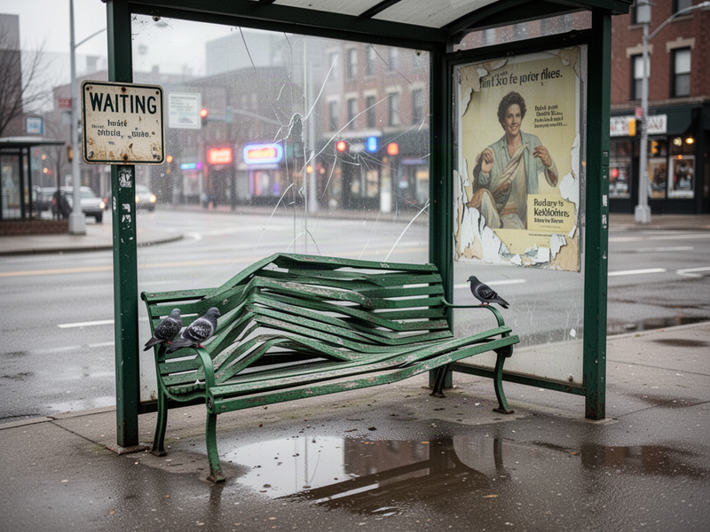 A faded green metal bench at a bus stop on 8th street, warped slats, nobody sitting on it, a quiet Sunday morning