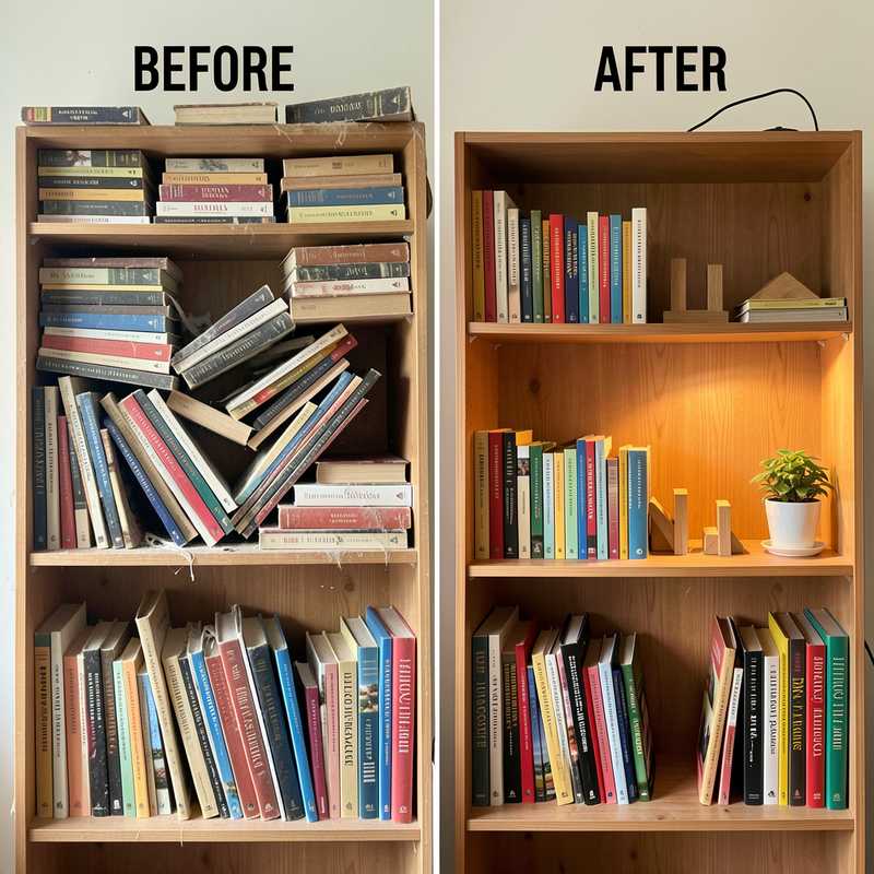 Split before-and-after photo: on the left, a chaotic bookshelf with books stacked sideways and leaning every direction; on the right, the same shelf neatly organized with books standing upright, sorted by color and size.