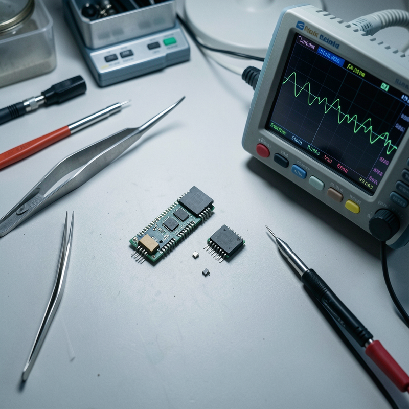 A high-resolution, overhead shot of a meticulously organized technical workbench featuring a disassembled microcontroller, precision tweezers, and a digital oscilloscope displaying a clean sine wave. Lighting is cool and clinical.