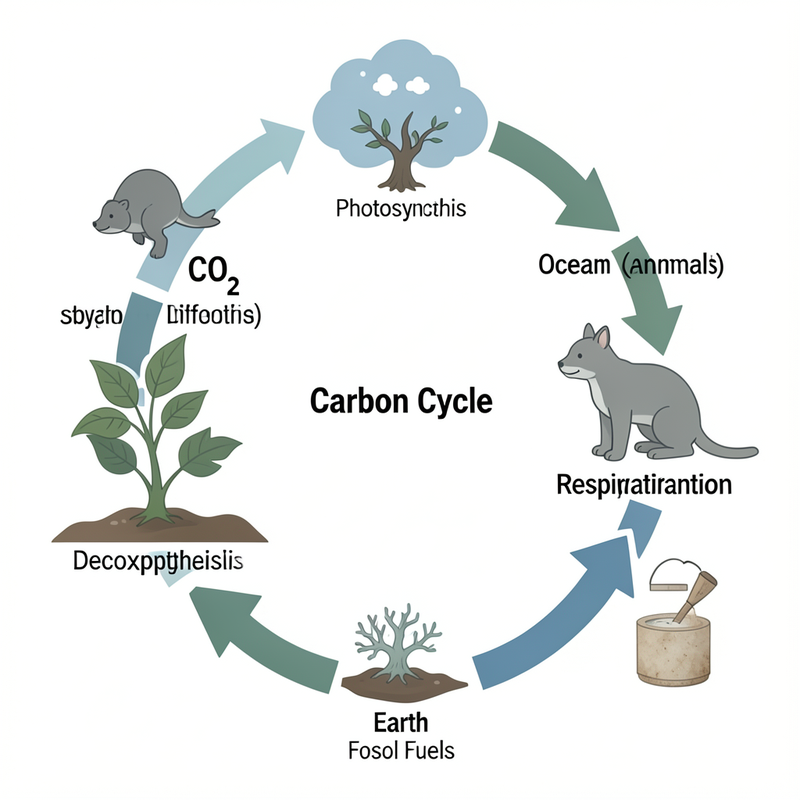 A professional scientific infographic diagramming the Carbon Cycle.