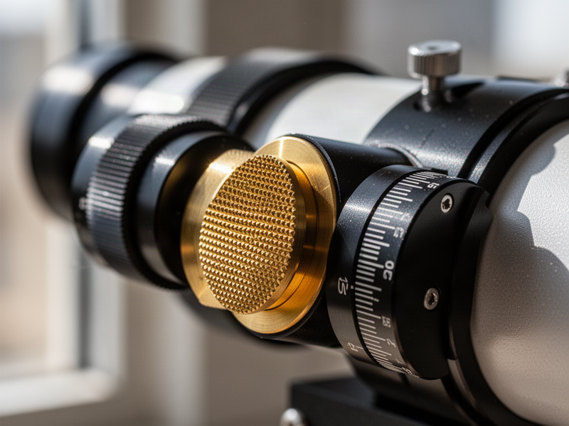 Extreme macro close-up of a knurled brass and black anodized aluminum dual-speed telescope focuser knob, showing crisp tactile ridges and machined metal texture.