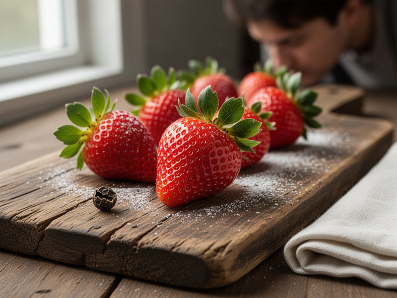 Close-up of ripe red strawberries arranged in a row on a weathered wooden board, leaves aligned, dusted with powdered sugar, with soft window light.