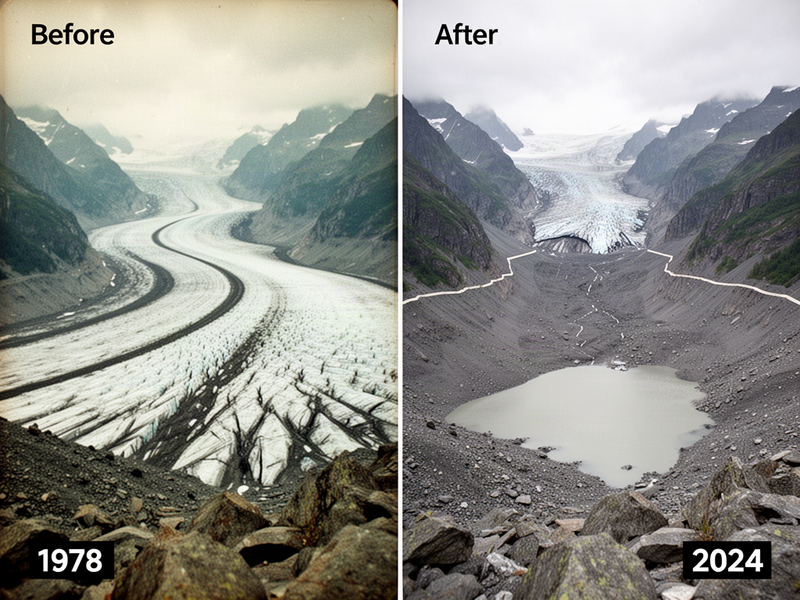 Split-frame comparison from one mountain overlook. Left half labeled 1978 shows a wide pale glacier filling the valley floor. Right half labeled 2024 shows the same valley with the glacier pulled back to a small tongue and a gray meltwater lake sitting where the ice was.