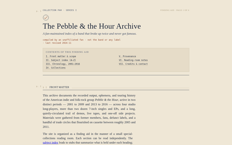 Screenshot of pebbleandthehour.archive/finding-aid.html