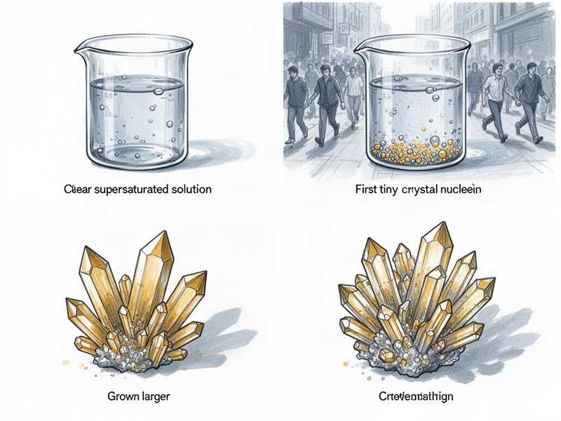 Four-panel scientific illustration showing the stages of crystallization: supersaturated solution, nucleation, crystal growth, and final crystal formation