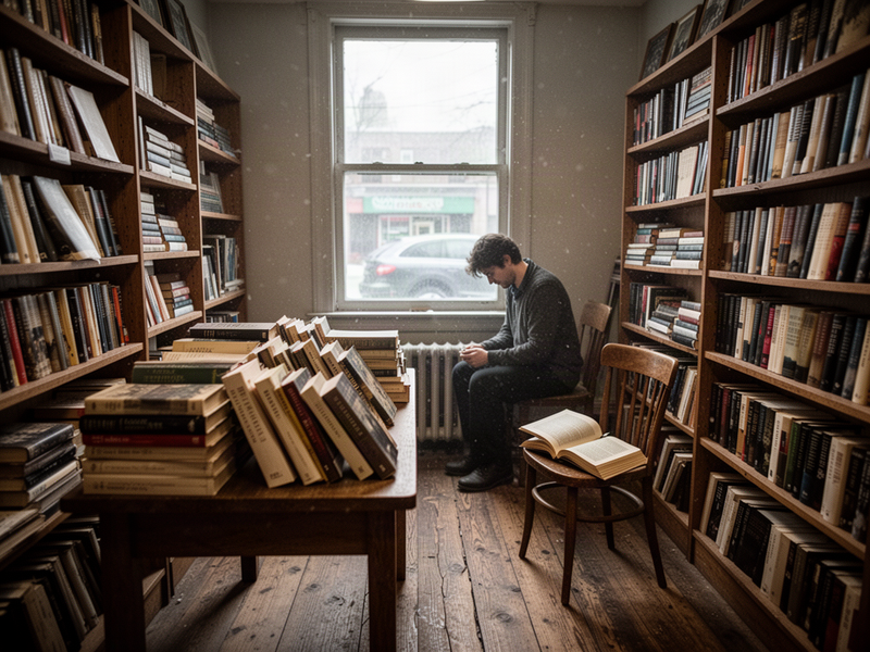 Interior of a small used bookstore at opening hour: slanted morning light through the front window, dust motes drifting, stacks of weathered paperbacks leaning on a front table, and a cracked-spine book resting on a chair beside tall shelves.