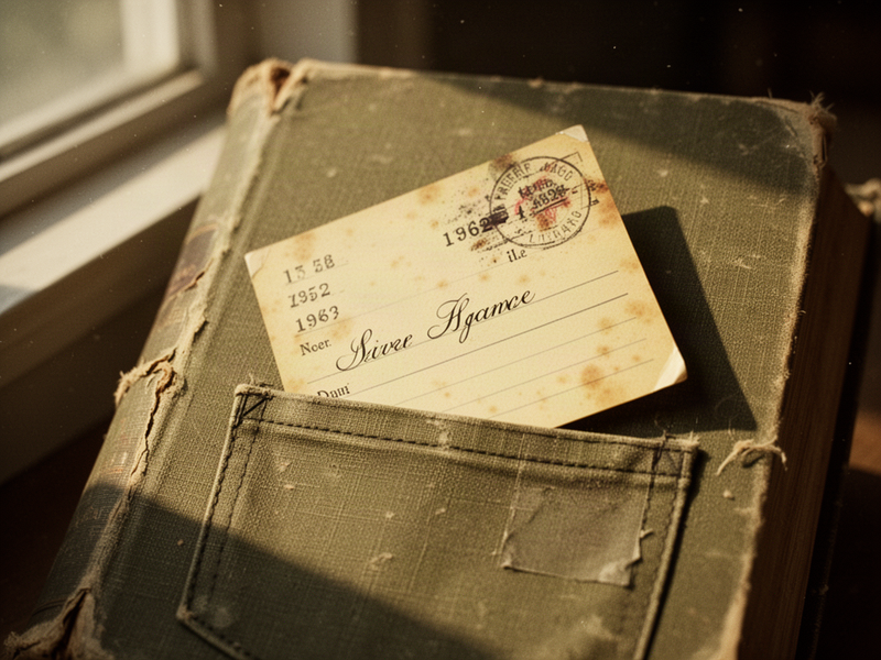 A vintage library card tucked into the back of an old cloth-bound novel, with morning light revealing pencil call numbers and a 1962 date stamp.