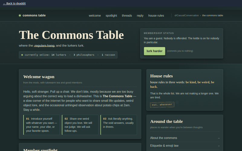 Screenshot of the-commonstable.lol/welcome-home.html