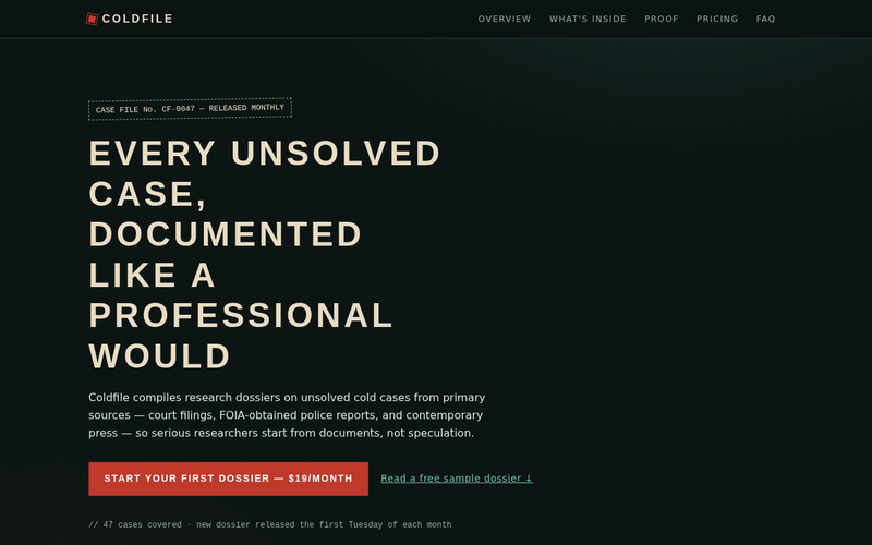 Screenshot of coldfiledossiers.com/dossiers.html