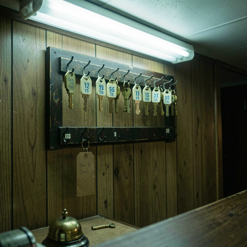 A candid phone snapshot of a worn wooden motel key rack at night, rows of numbered brass key fobs on hooks, with one older brass key on a plain brown tag hanging alone on the lowest hook, lit by harsh fluorescent light.
