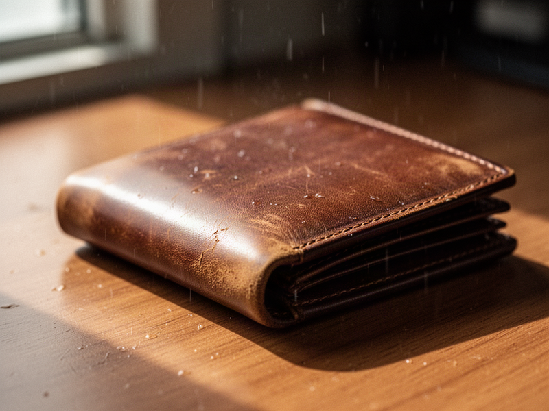 Close-up of the folded edge of a worn brown leather bifold wallet, showing the crease line and natural grain.