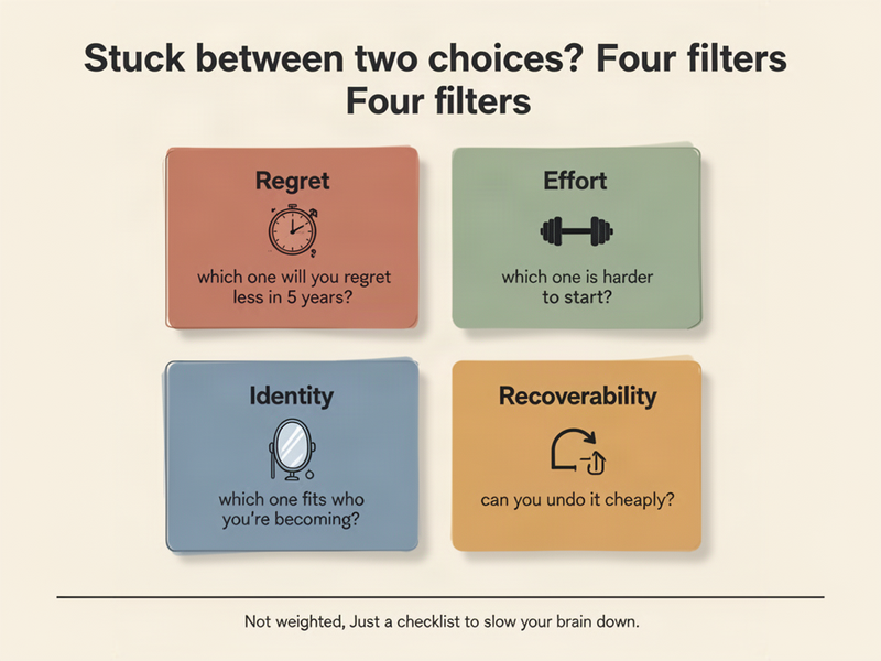 Infographic poster with a 2x2 grid showing four decision filters: regret, effort, identity, and recoverability, each with a short question to ask when stuck between two choices.
