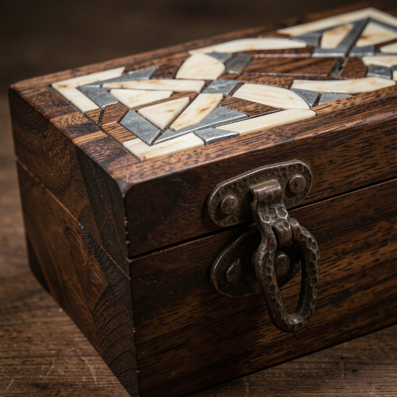 A close-up of a hand-carved wooden box made of dark walnut. The lid is inlaid with small, polished pieces of bone and pewter. A heavy, hand-forged iron latch keeps it closed. The wood shows deep, deliberate chisel marks along the corners.