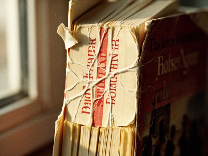 Macro photograph of a heavily creased paperback book spine with white stress lines, yellowed pages, and a softened cover showing years of handling.