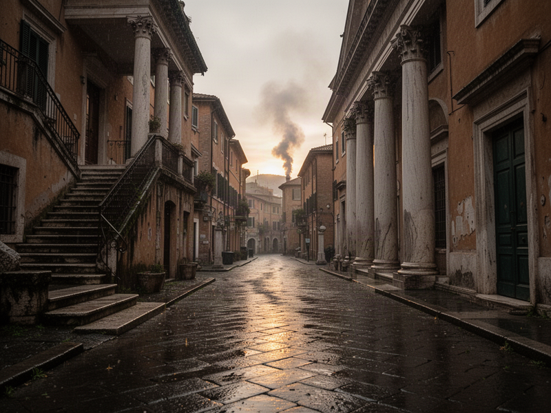 A narrow ancient Roman street at dawn with wet stone pavement, long shadows, and distant wood smoke, bathed in warm golden light.