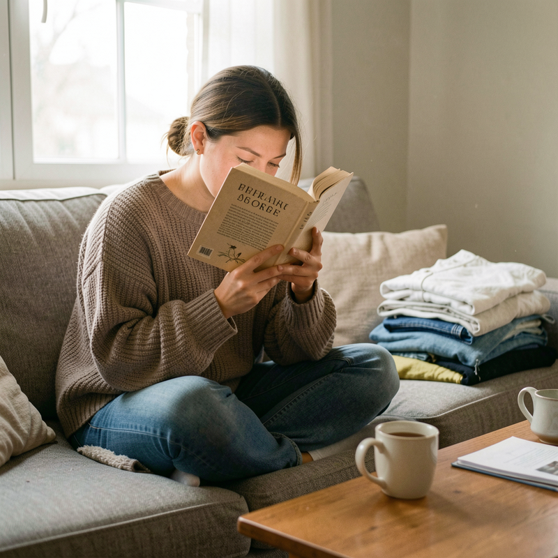 A candid photo of someone curled up on a couch in an oversized sweater, nose buried in a hardcover book, with a half-finished cup of tea and a pile of unfolded laundry nearby in soft afternoon light.