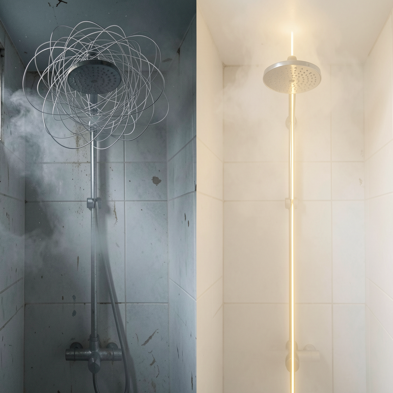 Split-screen before-and-after comparison: the left panel shows a dim, foggy shower with a chaotic tangle of scribbled thought-lines swirling overhead; the right panel shows the same shower bright and clear, with those scribbles resolved into one straight, glowing line.