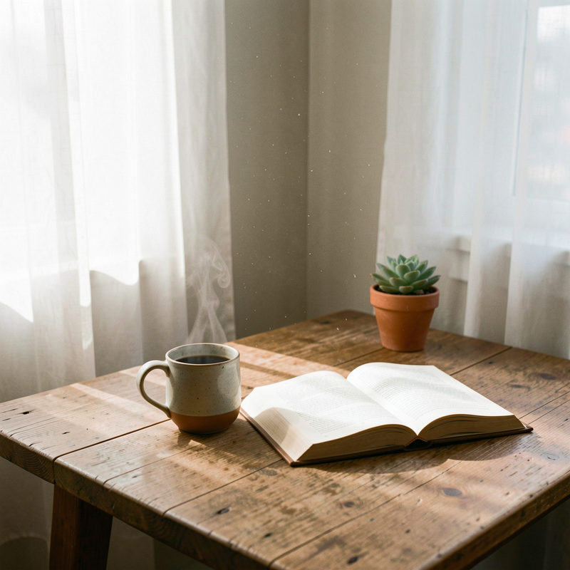A cozy morning scene with a steaming cup of coffee and a book on a wooden table by a sunlit window.