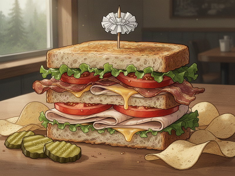 Close-up of a stacked club sandwich showing toasted bread, bacon, lettuce, tomato, and turkey layers, with pickles and chips beside it