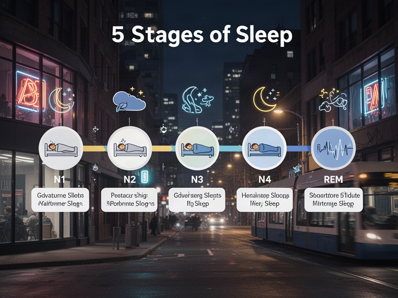 Infographic illustrating the five stages of sleep with icons and brief descriptions