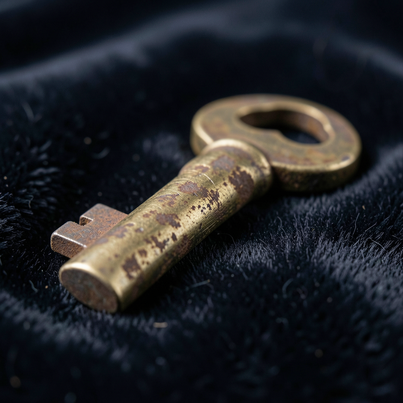 A macro close-up of a weathered, antique brass key, showing deep scratches, oxidation, and the intricate texture of the metal.