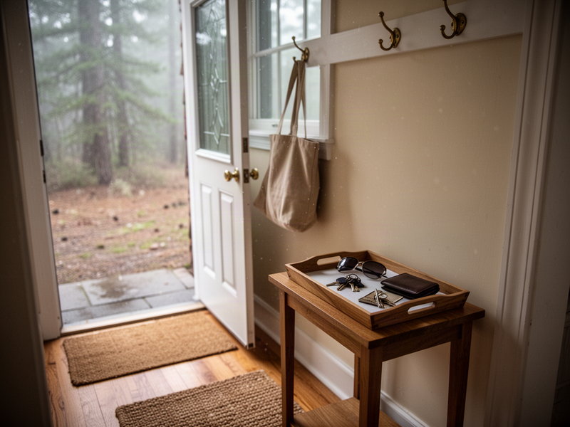 A small entryway with a wooden tray holding keys, wallet, and sunglasses on a console table, a canvas bag on a wall hook, and soft morning light coming through a partially open door.