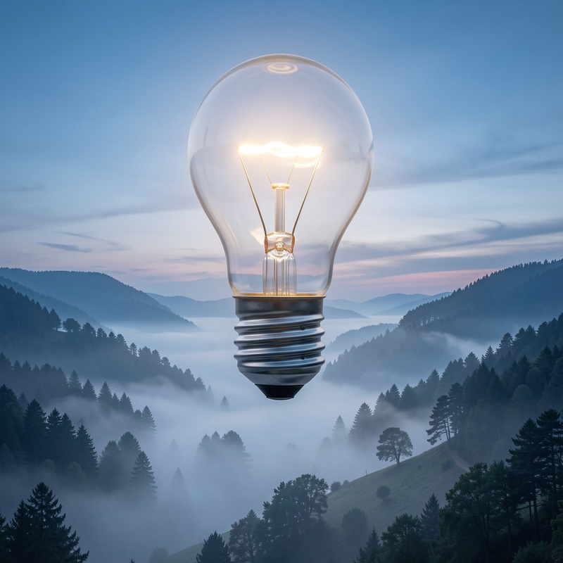 A surreal image of a giant lightbulb floating over a quiet, misty landscape at dawn, with small glowing particles drifting around it.