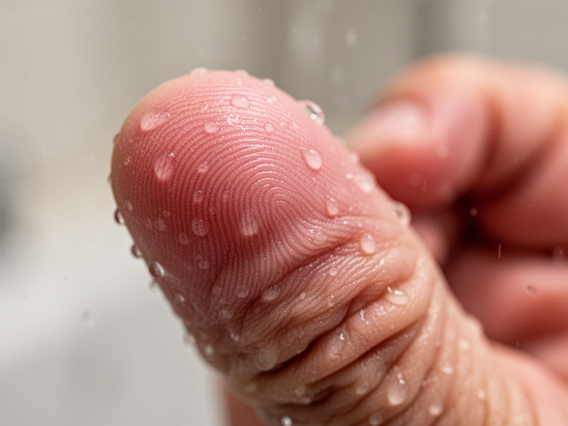 macro photo of a pruney wrinkled fingertip with water droplets on it, showing the deepened fingerprint ridges after a long shower