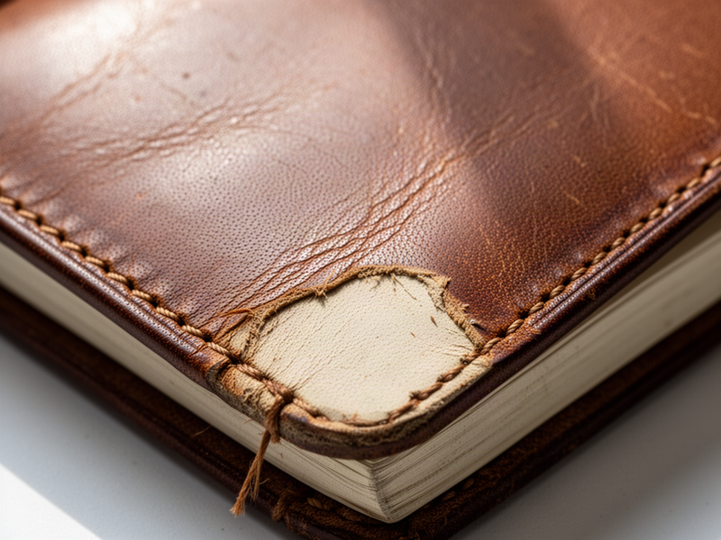 Macro photograph of a worn brown leather notebook cover, close-up of a pale thumb-shaped wear patch at the corner, with visible grain, creases, and slightly frayed stitching along a seam.